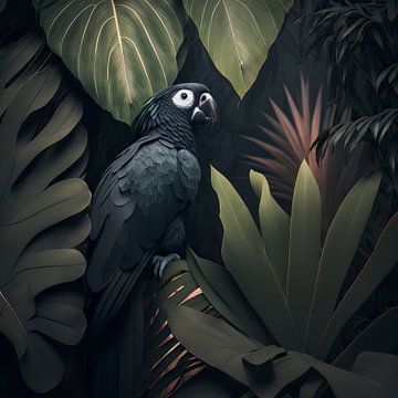 Black parrot in the tropical jungle by Floral Abstractions