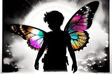 Die schwarz-weiße Kinder Silhouette und die bunten Schmetterlingsflügel von ButterflyPix