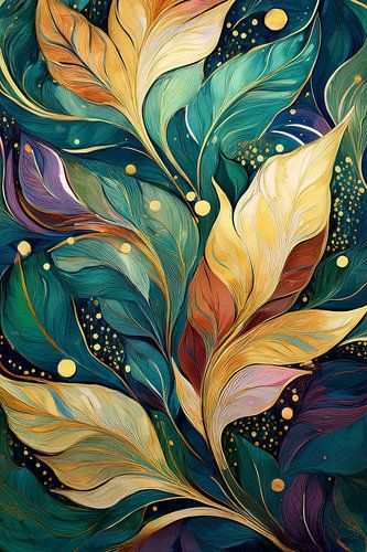 Behang met structuur en bladeren in groen en goud