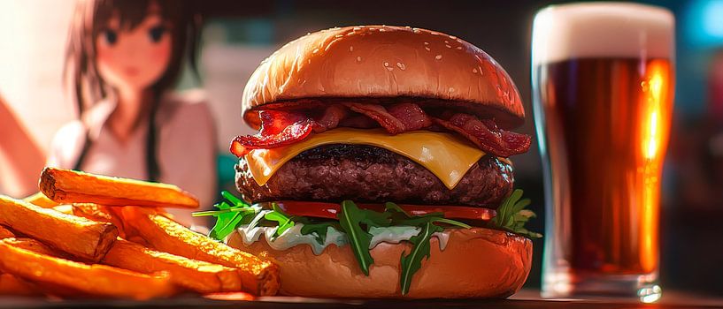 Focus on burgers with fries and beer by Poster Art Shop