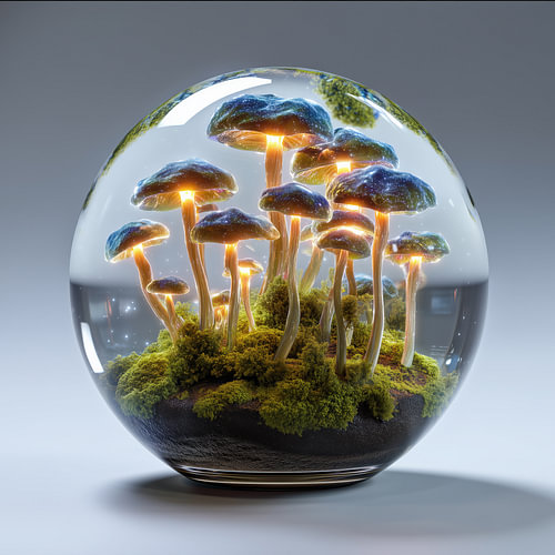 Blauwe gloeiende paddenstoelen in glazen bol