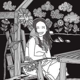 Kleines Mädchen mit Sonnenblumen im Garten von riz_studio