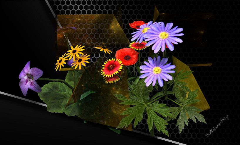 3d-Illustration, Sillleben Blumenarrangement in Gold. von Norbert Barthelmess