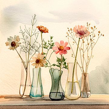 Elegant schilderij: Rij vaasjes met veldbloemen van Studio Pieternel
