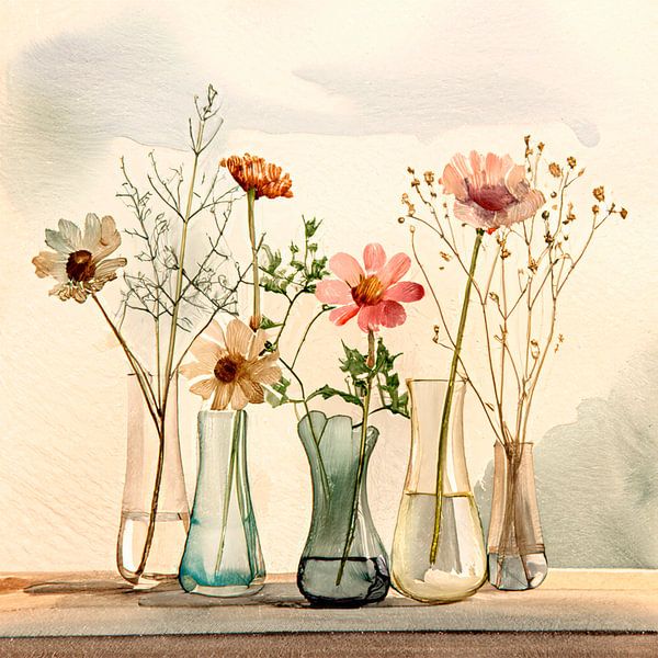 Elegant painting: row of vases with field flowers by Studio Pieternel