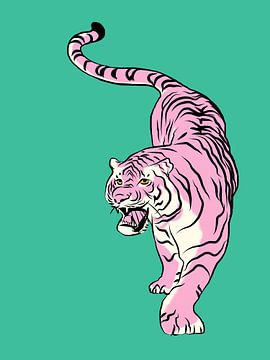 Tiger in Hellrosa und Grün von Little Dean