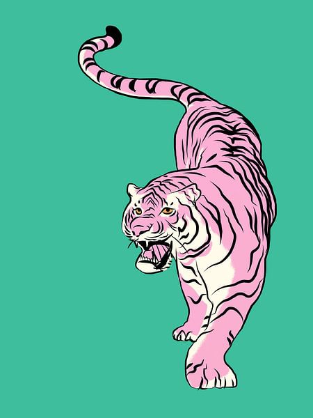 Tiger in Hellrosa und Grün von Little Dean