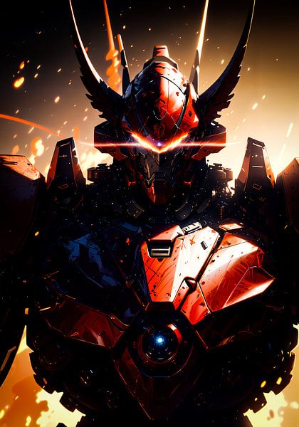 Roter Roboter mit Explosion im Hintergrund Anime von Ruzerin