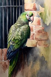 Wachsamer Papagei vor rustikalem Hintergrund von Art & Soul Creations