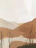 Minimalistisch landschap met heuvels en riet in aardse tinten