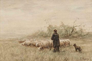 Shepherd With a Flock of Sheep van Antonije Lazovic
