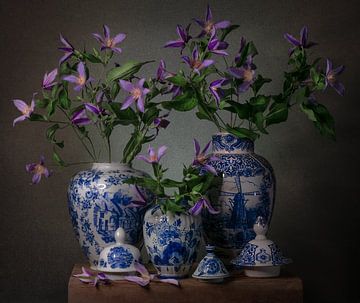 Floral still life in Delft blue vases. by Inkhere Art