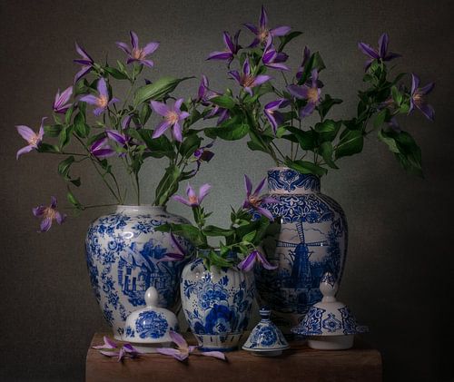 Floral still life in Delft blue vases. by Inkhere Art