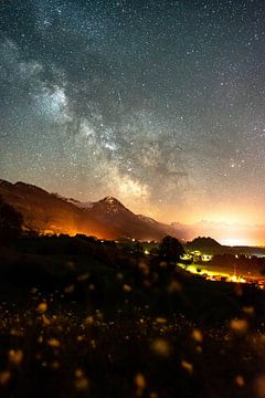 Melkweg en sterrenhemel boven de Allgäu en de Alpen van Leo Schindzielorz