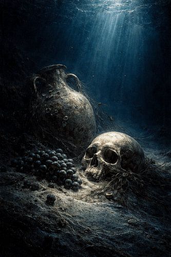Toile submergée Memento Mori - Nature morte antique sous-marine - Art sombre bleu naufrage