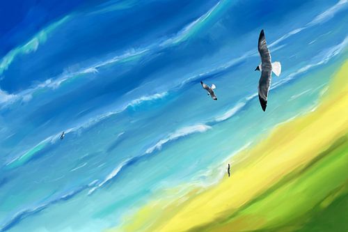 Über der Küstenlinie Die Perspektive einer Möwe auf Meer und Strand