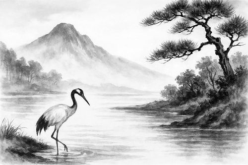 Kraanvogel bij de rivier (AI) (Japanse stijl schilderij, sumi-e, harmonieus, rustgevend, natuurliefhebbers, zwarte inkt, zen, Azie, kunst)