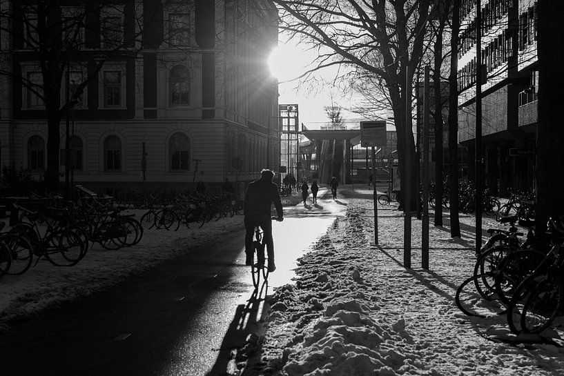 Fietsen door de sneeuw bij zonsondergang van Bart van Lier