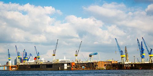 Panorama haven van Hamburg met droogdokken en kranen