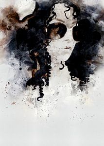 Porträt einer afrikanischen Frau mit Sonnenbrille | Aquarell | schwarz, weiß, braun, taupe, blau