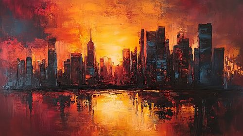 Abstracte skyline grote stad bij zonsondergang