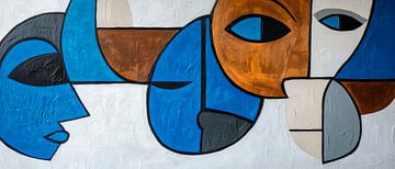 Abstracte gezichten in blauw en bruin van Poster Art Shop