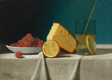Stilleven met cake, citroen aardbeien en glas, John Frederick Peto
