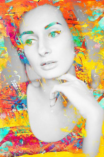 Digitale Foto Kunst - Portret van Vrouw / dichtbij / ogen / lippen / abstract / kleur / geel / oranj