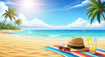 Strandtafereel met accessoires en zeilboot van Markus Gann