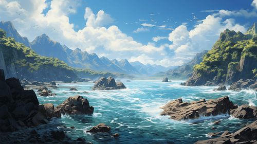 Een prachtig kustlandschap met een rotsachtige kustlijn en opvallende kliffen die een uniek landschap vormen.