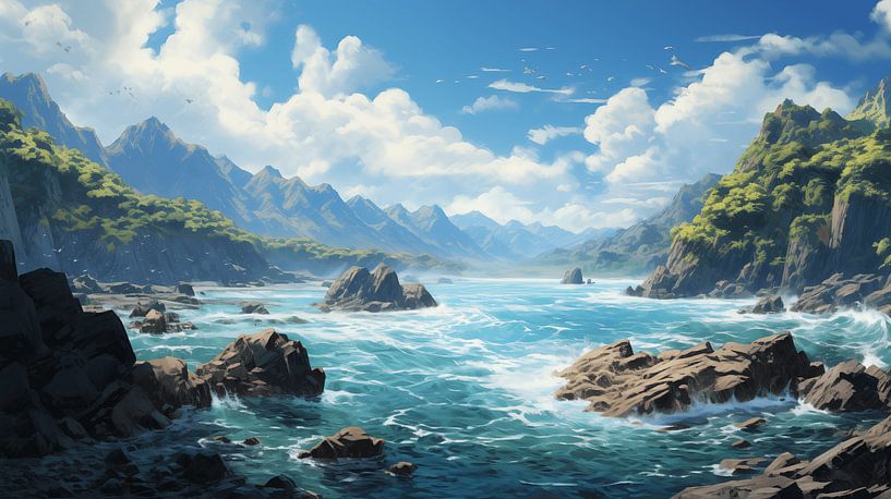 Eine wunderschöne Küstenlandschaft mit einer felsigen Küste und markanten Felsen, die eine einzigartige Landschaft bilden. von Animaflora PicsStock