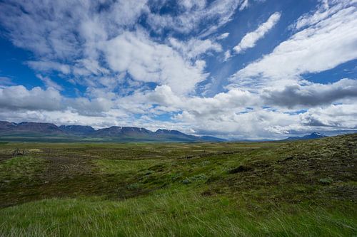 IJsland - Fantastisch open landschap met besneeuwde bergen achter groen landschap