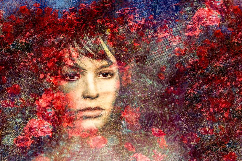 Portrait with red flowers by Marijke de Leeuw - Gabriëlse