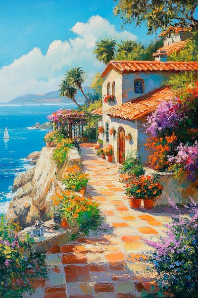 Maison côtière avec fleurs par Poster Art Shop