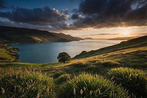 Zonsondergang bij schilderachtig meer met heuvels