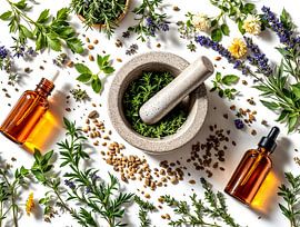 Kräuter, Blumen, Mörser und ätherisches Öl. von Basahen