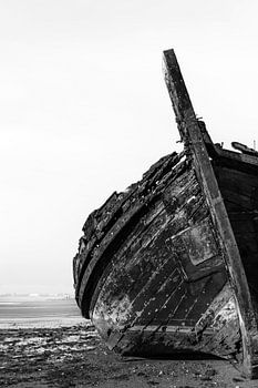 Traditional Tagus River Wooden Sailboat Shipwreck. Seixal Bay, Portugal