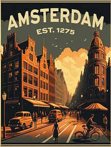 Amsterdam, affiche vintage avec maisons sur le canal