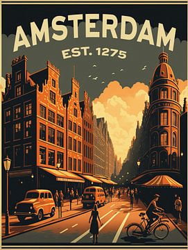 Amsterdam, vintage affiche met grachtenpanden