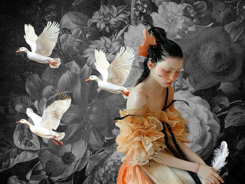 Das Mädchen mit fliegenden Gänsen von Sandu Brus ARCANE ART STUDIO