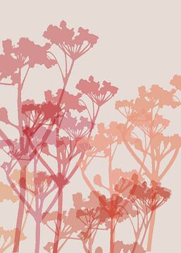 Abstracte botanische kunst. Bloemen in koraal en roze.