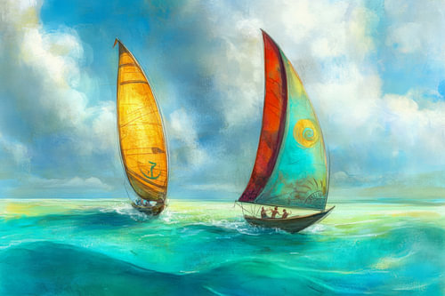 Painting showing two sailboats sailing on the sea, under a clear blue sky.