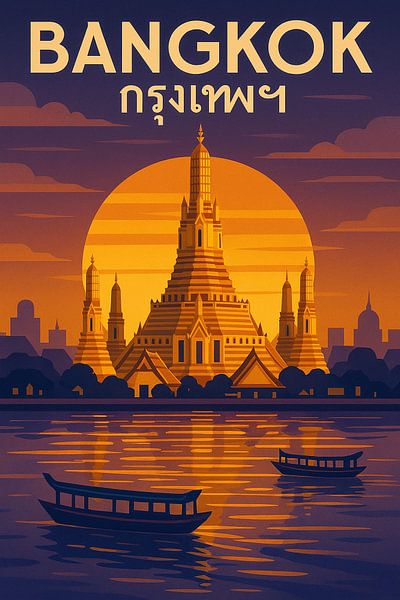 Bangkok Goldene Dämmerung - Tempelreflexionen auf dem Chao Phraya Poster von Travel Shop