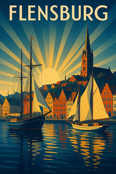 Flensburg Art Deco Travel Poster – Harbor &amp; Sailing Ships by Travel Shop
