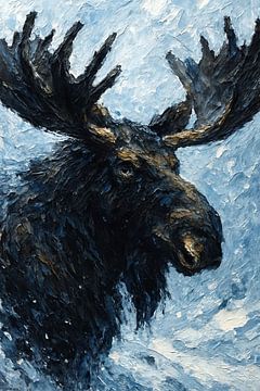 Eland in de sneeuw (stoer winter schilderij mancave wild dier gewei winterlandschap) van Natalie Bruns