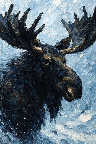 Moose in the snow (cool winter painting mancave wild animal antlers winter landscape)