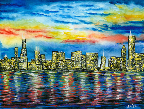 La ligne d'horizon de Chicago au coucher du soleil