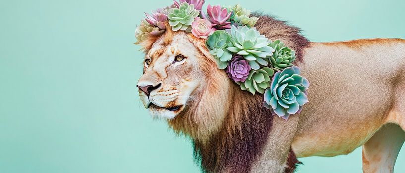 Lion with flowering wreath on pastel green by Poster Art Shop