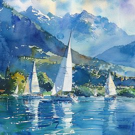 Aquarell Berglandschaft See Segelboote Gebirge Wälder