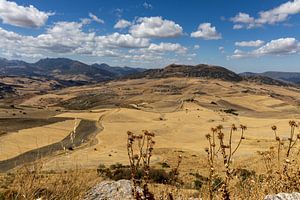 Landschaftsaufnahme im andalusischen Sommer. Karge Landschaft unter blauem Himmel, Andalusien, Spanien